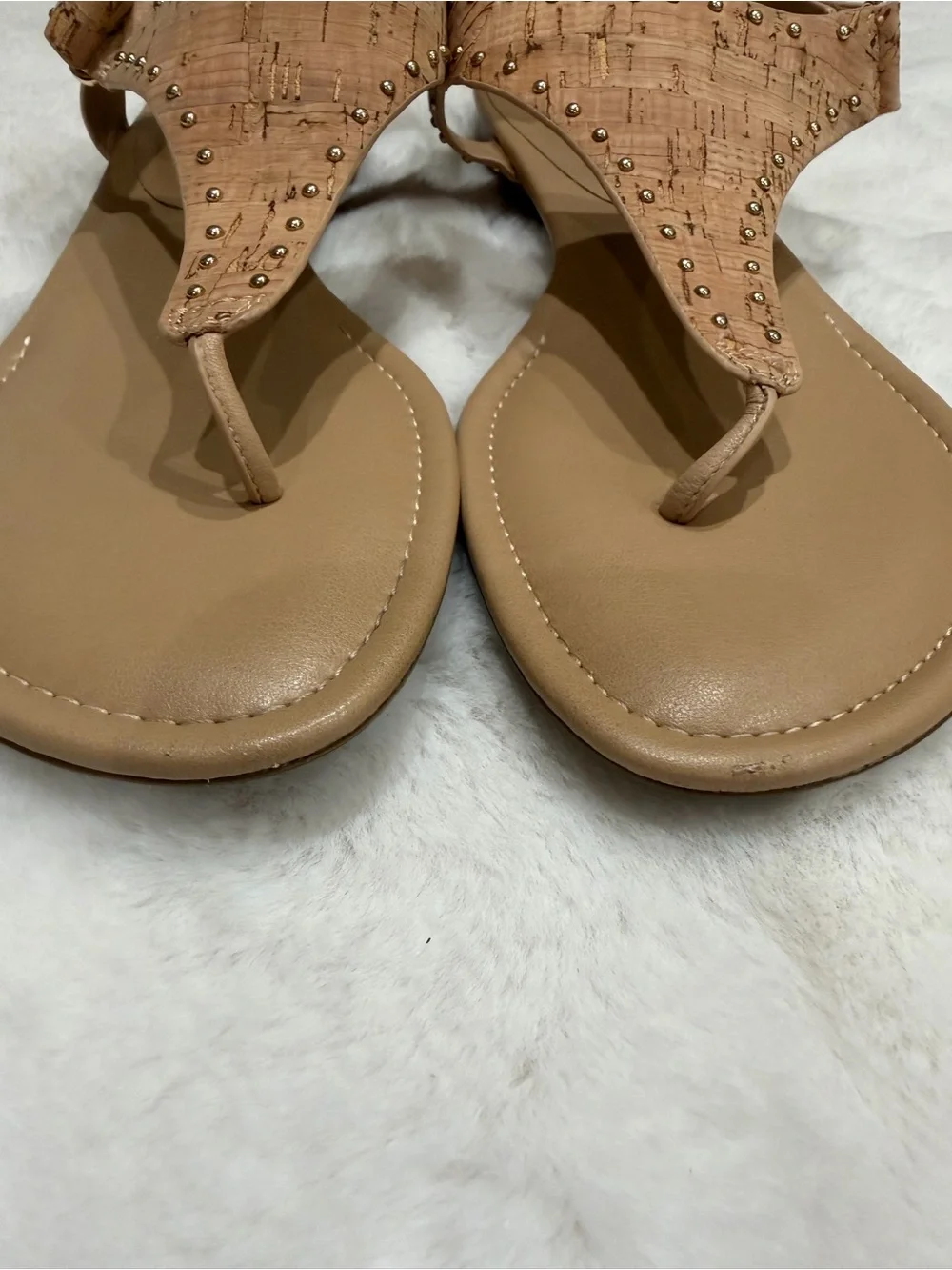 Vaneli Tan Cork T-Strap Studded Sandals Size 10